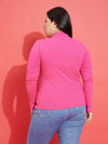 Women Pink Rib Front Zipper Top