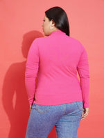 Women Pink Rib Front Zipper Top