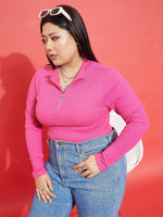 Women Pink Rib Front Zipper Top