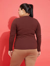 Women Brown Rib Side Buckle Detail Top