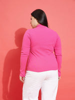 Women Pink Rib High Neck Top