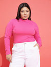 Women Pink Rib High Neck Top