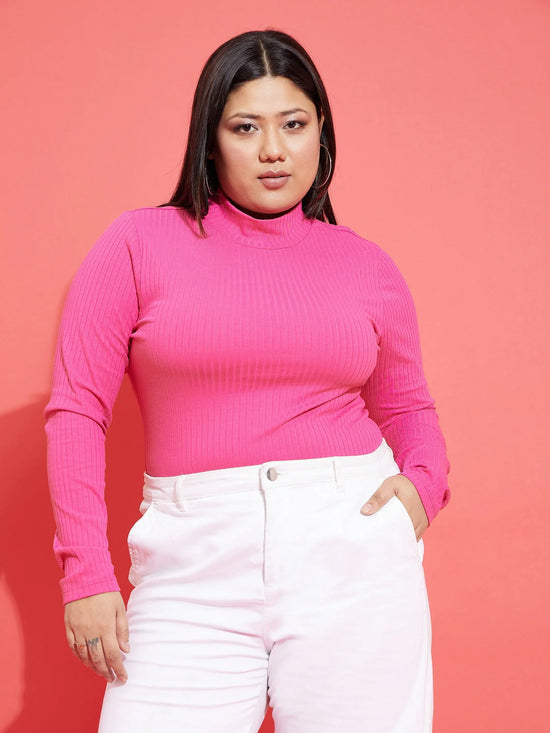 Women Pink Rib High Neck Top