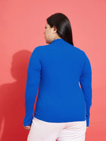 Women Royal Blue Rib High Neck Top