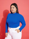 Women Royal Blue Rib High Neck Top