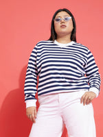 Women Navy & White Fleece Striped Sweatshirt