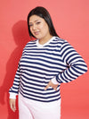 Women Navy & White Fleece Striped Sweatshirt