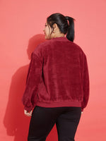 Women Maroon Fleece Fur High Neck Sweatshirt