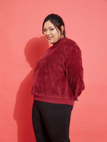 Women Maroon Fleece Fur High Neck Sweatshirt