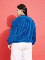 Women Royal Blue Fleece Fur High Neck Sweatshirt