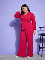 Women Fuchsia Wrap Top With Straight Pants