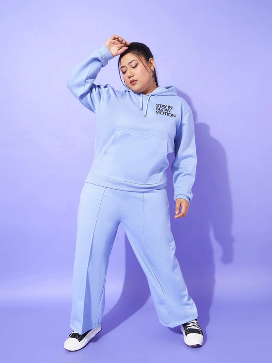 Women Blue Fleece Slow Motion Hoodie With Track Pants