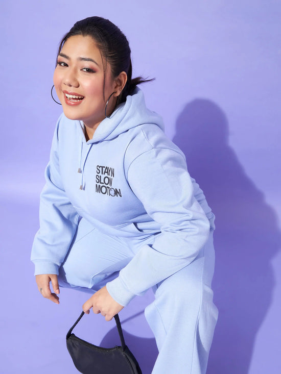 Women Blue Fleece Slow Motion Hoodie With Track Pants