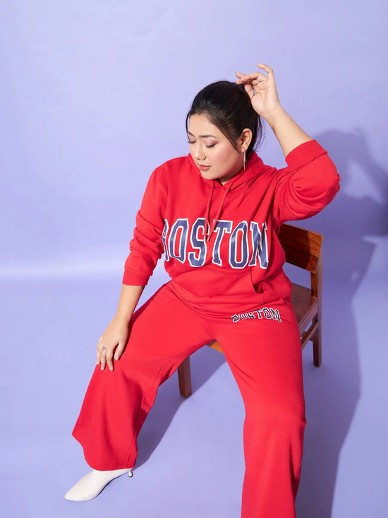 Women Red Fleece Boston Hoodie With Track Pants