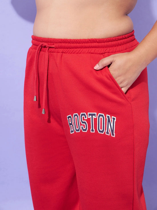 Women Red Fleece Boston Hoodie With Track Pants