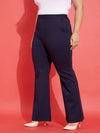 Women Navy Pocket Button Bell Bottom Trousers