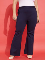 Women Navy Pocket Button Bell Bottom Trousers