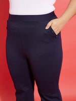 Women Navy Pocket Button Bell Bottom Trousers