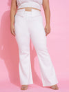 Women White Front Button Bell Bottom Trousers