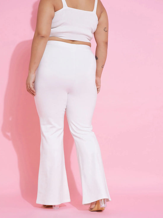 Women White Front Button Bell Bottom Trousers