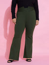 Women Olive Front Button Bell Bottom Trousers