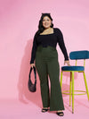 Women Olive Front Button Bell Bottom Trousers