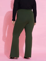 Women Olive Front Button Bell Bottom Trousers