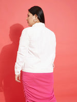 Women Solid Standard Off White Collared Neck Full Sleeve Jacket