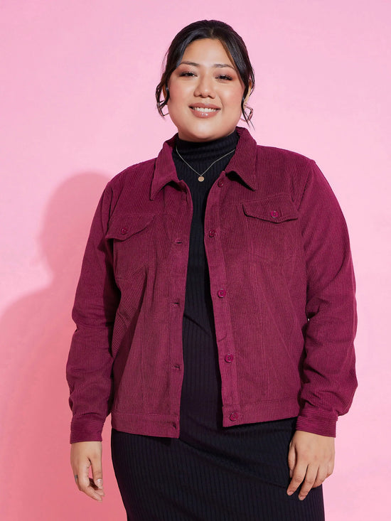 Women Solid Standard Burgundy Collared Neck Full Sleeve Jacket