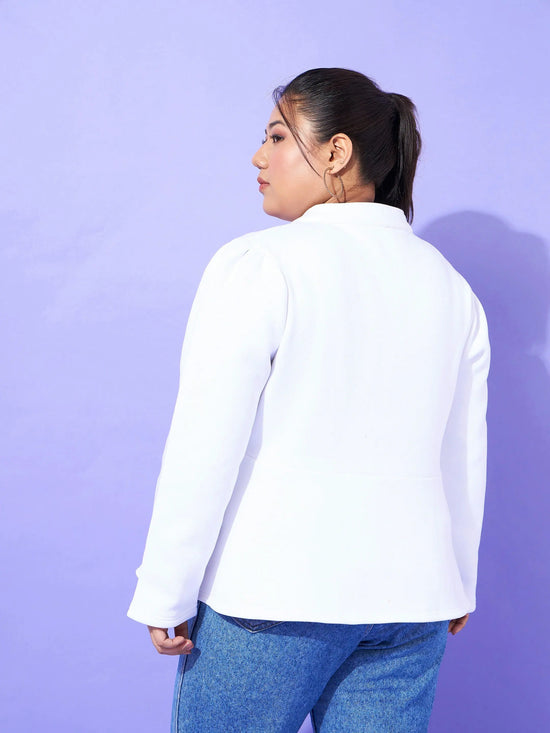 Women Solid Standard White High Neck Full Sleeve Jacket