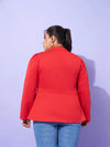 Women Solid Standard Red High Neck Full Sleeve Jacket