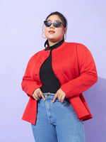 Women Solid Standard Red High Neck Full Sleeve Jacket