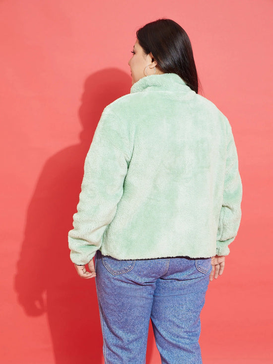 Women Solid Standard Green High Neck Full Sleeve Jacket