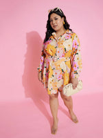 Women Orange Floral Belted Midi Shirt Dress