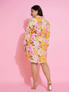 Women Orange Floral Belted Midi Shirt Dress