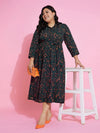 Women Green & Orange Floral Belted Midi Shirt Dress