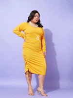 Women Mustard Solid Square Neck Bodycon Dress