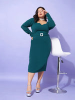 Women Emerald Solid Square Neck Bodycon Dress