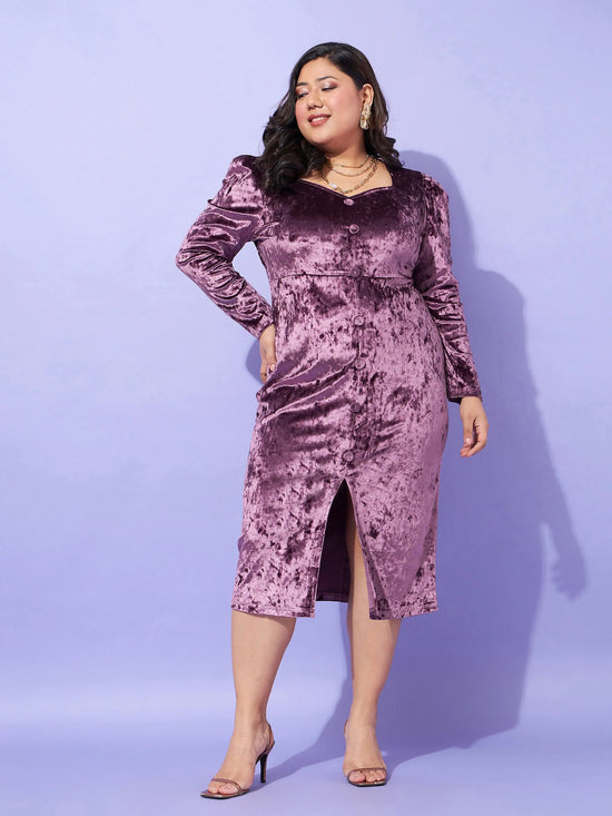 Women Purple Velvet Front Button Bodycon Dress