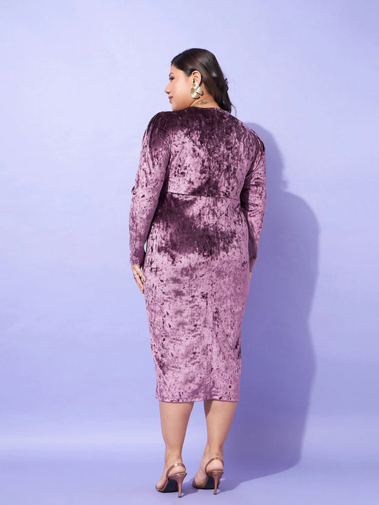 Women Purple Velvet Front Button Bodycon Dress