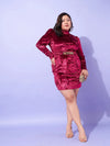 Women Red Velvet High Neck Bodycon Dress