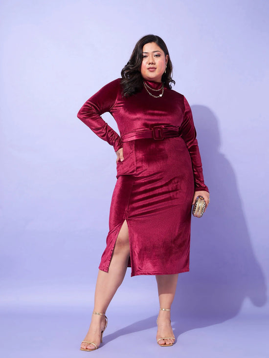 Women Maroon Velvet Front Slit Bodycon Dress