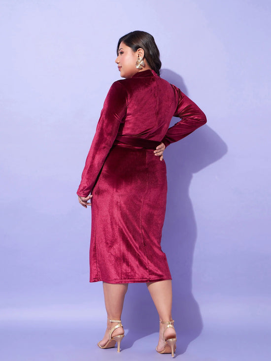 Women Maroon Velvet Front Slit Bodycon Dress