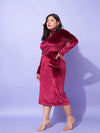 Women Maroon Velvet Front Slit Bodycon Dress