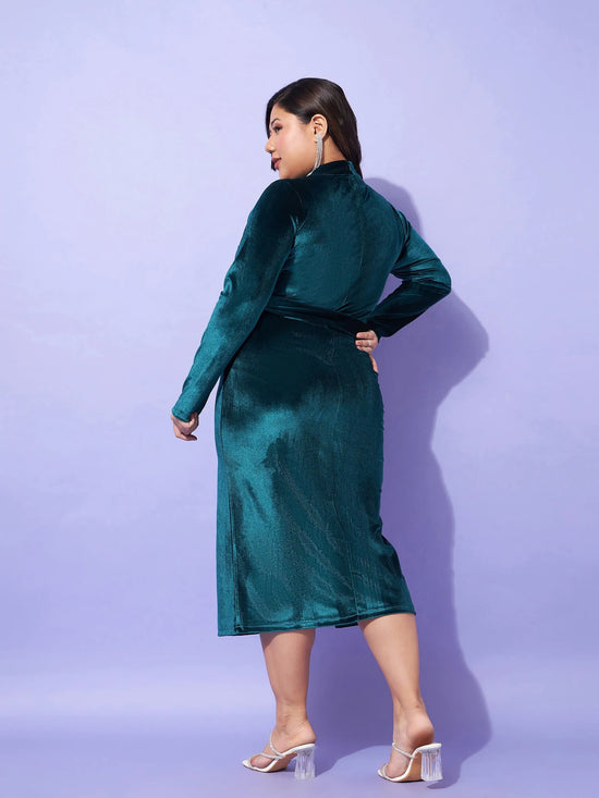 Women Emerald Velvet Front Slit Bodycon Dress