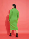 Women Green Rib Side Slit Bodycon Midi Dress