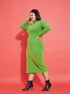 Women Green Rib Side Slit Bodycon Midi Dress