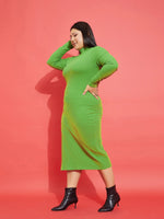 Women Green Rib Side Slit Bodycon Midi Dress