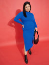 Women Royal Blue Rib Side Slit Bodycon Midi Dress