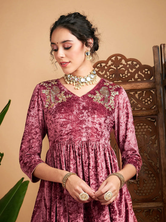 Women Pink Velvet Embroidered Peplum Top